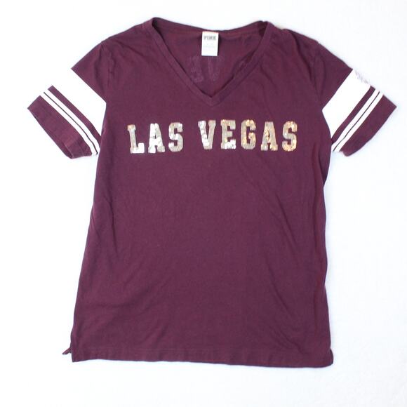 Pink Victoria's Secret Las Vegas T Shirt Womens Medium Maroon Sequin Bling Y2K - Picture 1 of 4